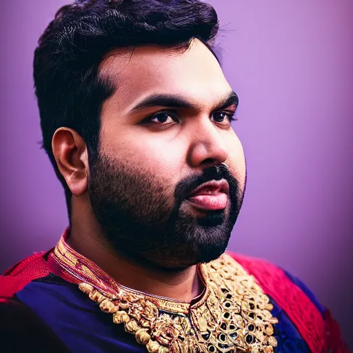 Image similar to portrait of rohit sharma as a pimp, canon 3 5 mm portrait photography, ultrarealistic
