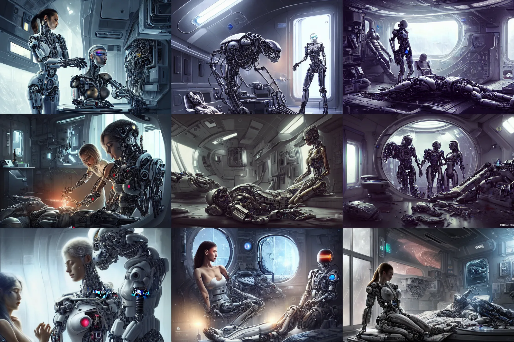 Prompt: Ultra realistic illustration, beautiful alluring damaged cyborg being put back together in an super advanced military medical bay, in a crashed spaceship, while a beautiful alluring astronaut soldier looks on, cyberpunk, sci-fi, fantasy, intricate, elegant, highly detailed, digital painting, artstation, concept art, smooth, sharp focus, illustration, art by artgerm and Yintion J - Jiang Geping and Greg Rutkowski and KyuYong Eom and alphonse mucha