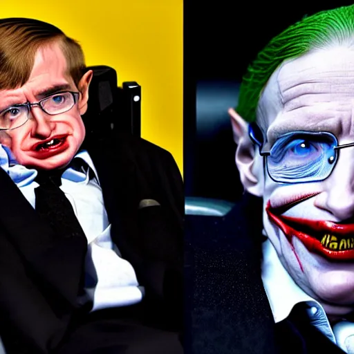 Image similar to ' stephen hawking playing the joker in the latest batman. the joker played by stephen hawking