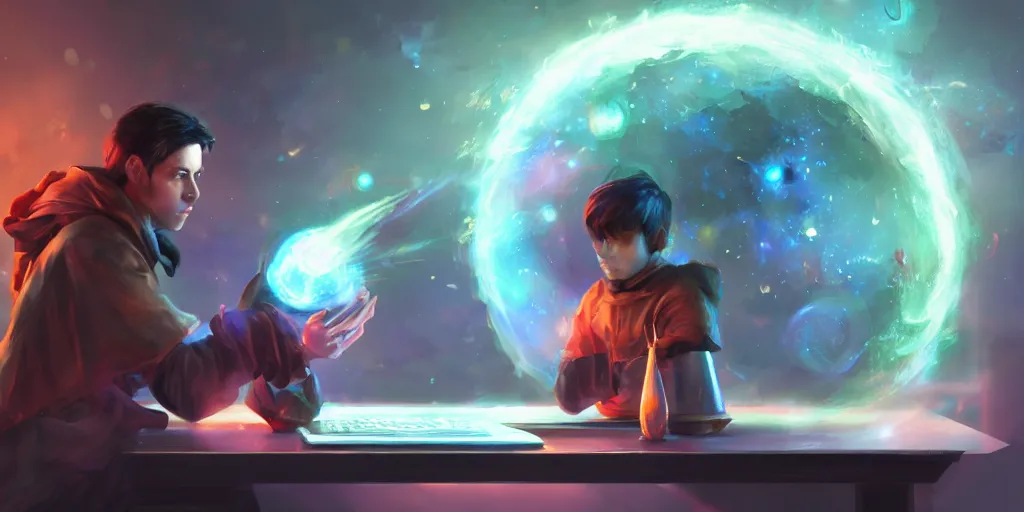 Prompt: a young mage creating a universe in his pc, a male mage in his 2 0 s with black hair sitting in front of huge monitor. extremely detailed, award - winning art, trending on artstation