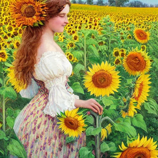 Image similar to a painting of a beautiful farm girl in a field of sunflowers, beautiful day, brushstrokes, by hans zatzka