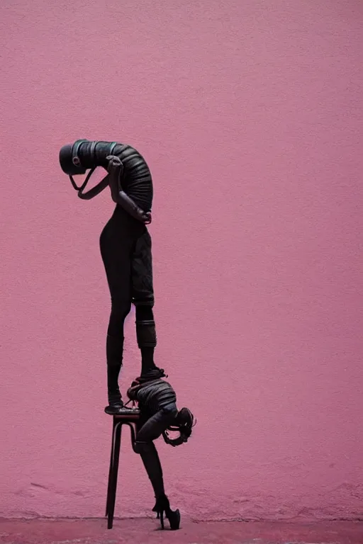 Image similar to a surreal portrait of intertwined and contorted figures wearing gas mask next to a pink wall in the style of brooke didonato, editorial fashion photography from vogue magazine, full shot, nikon d 8 1 0, ƒ / 2. 5, focal length : 8 5. 0 mm, exposure time : 1 / 8 0 0, iso : 2 0 0