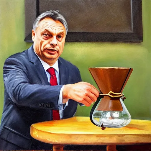 Image similar to viktor orban making chemex coffee, oil painting