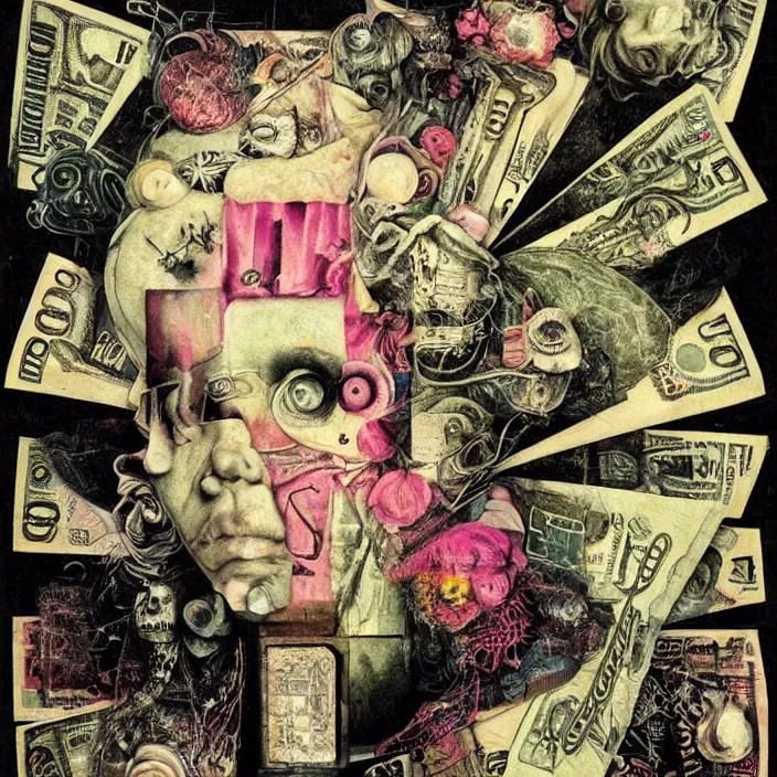 Image similar to post - punk new age album cover, asymmetrical design, dollar bank notes, capitalism, magic, apocalypse, psychedelic, black white pink, highly detailed, magic, giger h. r., giuseppe arcimboldo