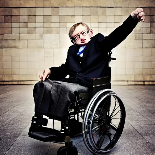 Prompt: Stephen Hawking with a pimped out wheelchair, photography, rap cover,