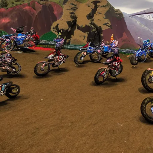 Image similar to erzberg rodeo off road motorcycle race in a 7 circles of hell by dante, game art, super detailed, 5 riders on a picture are going uphill