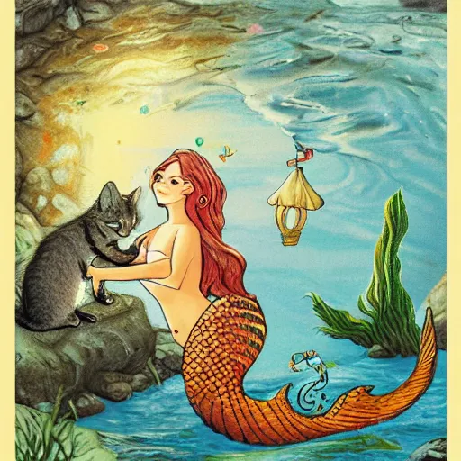 Image similar to a mermaid meets a kitten, fantasy illustration,