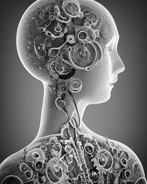 Image similar to mythical dreamy black and white organic bio-mechanical spinal ribbed profile face portrait detail of translucent steampunk beautiful female angelic-human-queen-vegetal-cyborg, highly detailed, intricate trnaslucent ivy jelly ornate, poetic, translucent roses ornate, 3D render, digital art, octane render, 8K artistic photography, photo-realistic, by Dora Maar