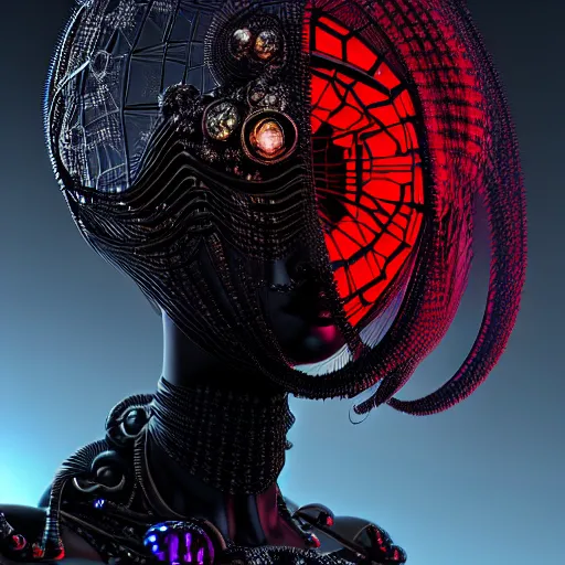 Image similar to portrait of an absurdly beautiful, graceful, sophisticated, fashionable black cyberpunk mechanoid gravure idol, hyperdetailed illustration by irakli nadar, adut akech, matt wisniewski style, intricate linework, dark black skin, jellyfish headdress, crystal ruff, unreal engine 5 highly rendered, global illumination, red light, detailed and intricate environment