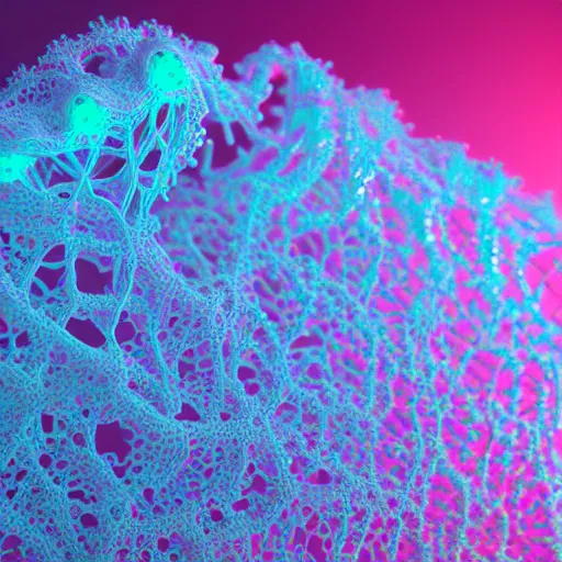 Image similar to highly detailed 3 d rendering in octane and vray of a colorful slime mold made of cellular automata according to golden ratio pattern floating in space. beautiful mystical lighting, mist, sigma 2 4 mm