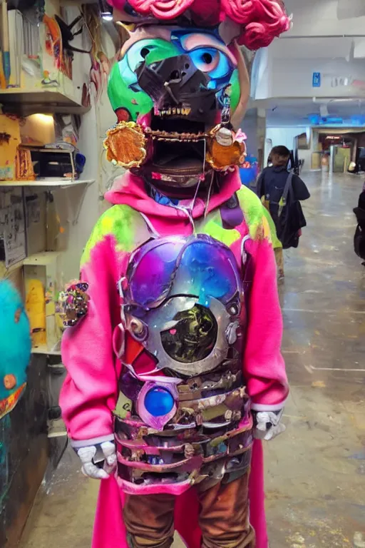Prompt: a character wearing a diy costume with a lot of details, with fluo colored details, muted colors, tekkon kinkret, satoshi con, hyper real painting