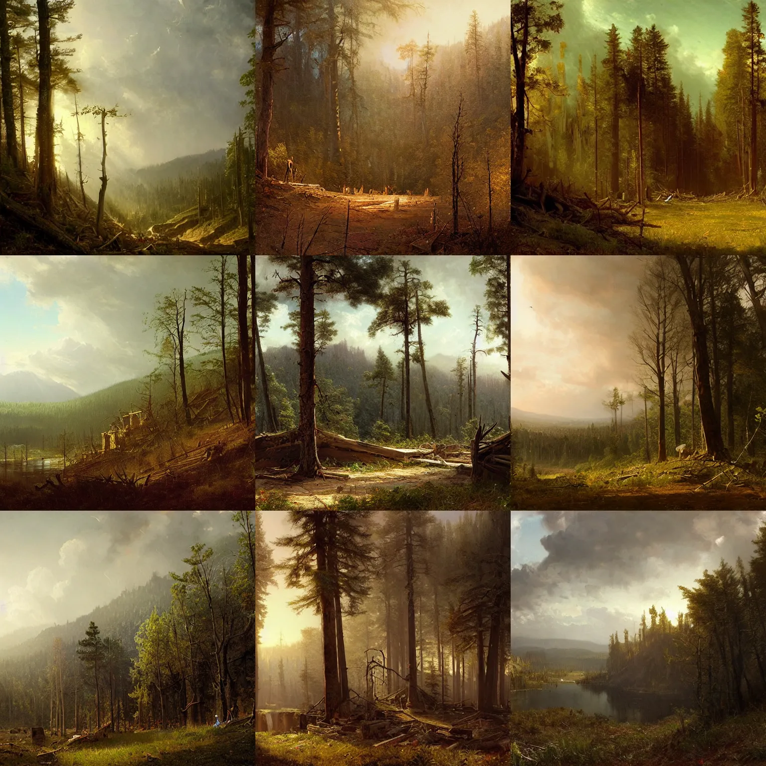 Prompt: ruined walmart on a hill, surrounded by dead forest, oil painting, landscape, greg rutkowski, albert bierstadt