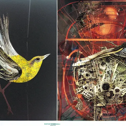 Prompt: a mechanical ( wren bird ) wanders between the cybernetic neonpunk realms of urban science and social science, collage artwork by dave mckean and ivan shishkin and yoshitaka amano