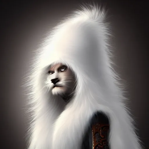 Image similar to portrait of a cartoon white panter with a very long fur and silver hat, fantasy, trending on artstation, heroic pose, illustration, highly detailed, simple, 8k