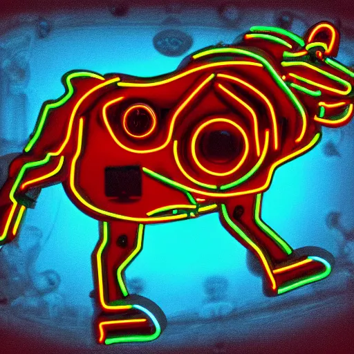Prompt: a clockwork mechanical bull, neon colors, duotone, ultra high detail