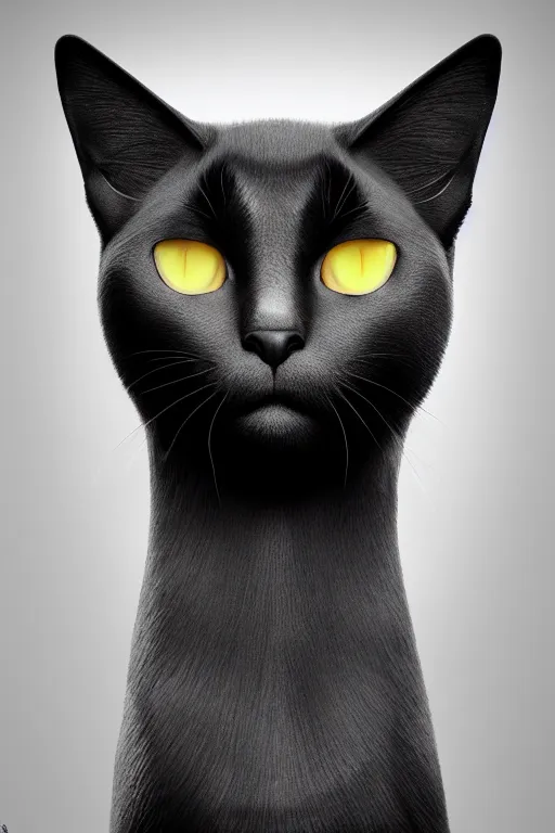 Image similar to portrait of a black cat, white background, studio lighting, photorealistic, octane, Unreal Engine, finalRender, concept art, digital illustration, artstation, artstation hq, hd, 4k resolution