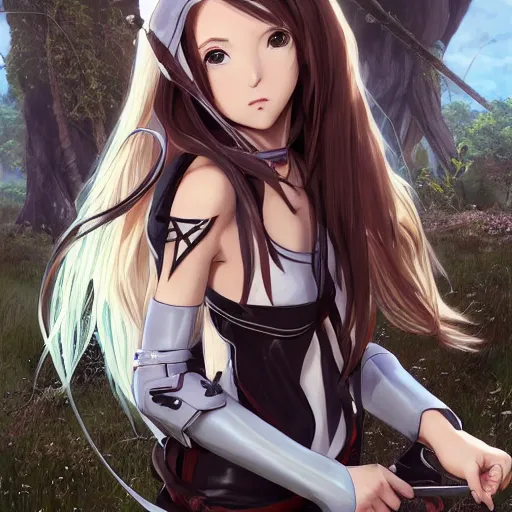 Prompt: archer girl, anime style, long hair, hair down, symmetrical facial features, from arknights, futuristic clothes, hyper realistic, pale skin, 4k, rule of thirds, extreme detail, detailed drawing, trending artstation, hd, fantasy, D&D, realistic lighting, by Alphonse Mucha, Greg Rutkowski, sharp focus, backlit