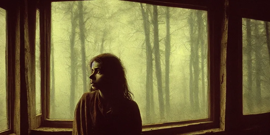 Image similar to portrait bust of young woman, tired expression, faded color film, russian cinema, tarkovsky, kodachrome, inside old cabin, next to window, heavy forest outside, long brown hair, old clothing, heavy fog, brown color palette, hudson river school, 4 k, dramatic lighting, greg rutkowski
