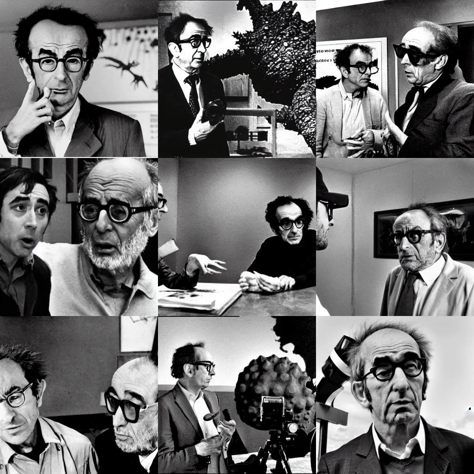 Prompt: jean - luc godard is interviewed with godzilla. godzilla is a big monster with scales