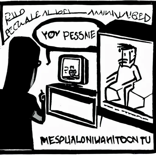 Image similar to Person being manipulated by television. Cartoon.