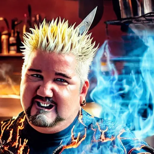 Prompt: guy fieri with tentacles and blade like hair and sharp teeth, in a restaurant kitchen with fire and boiling oil, film still from the movie directed by denis villeneuve with art direction by salvador dali