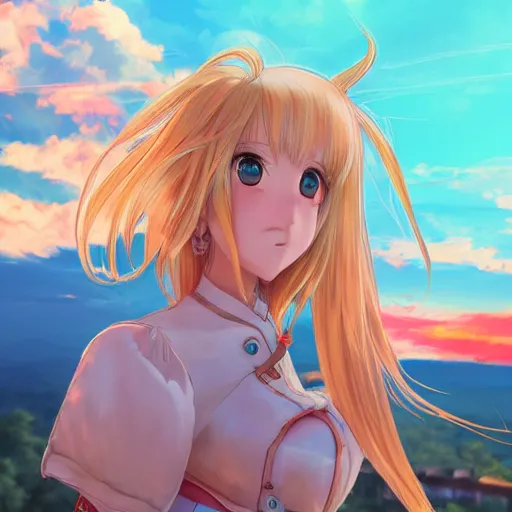 Image similar to blonde - haired princess, anime princess, wearing casual clothing, golden hour, partly cloudy sky, red clouds, orange sky, old town, strong lighting, strong shadows, vivid hues, ultra - realistic, sharp details, subsurface scattering, intricate details, hd anime, 2 0 1 9 anime