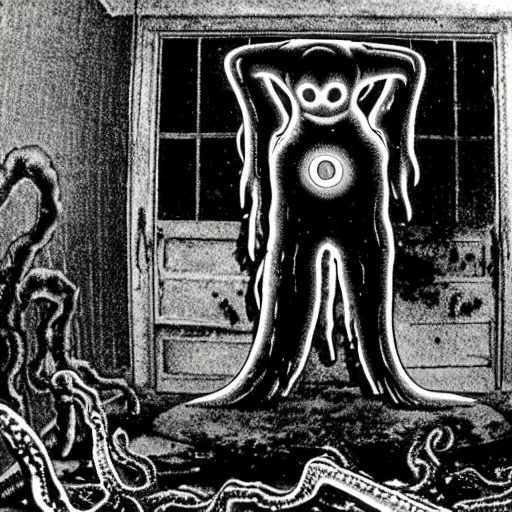 Image similar to 1 9 8 3, found footage, flash, old abandoned house, creepy mutant flesh creature, tentacles, glowing eyes, flesh blob