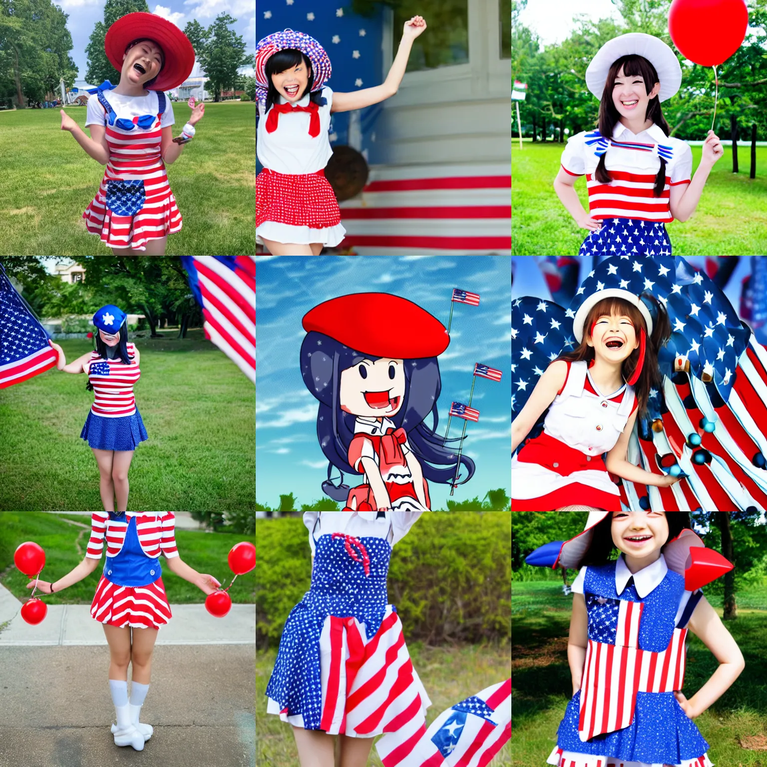Prompt: cute laughing anime mushroom schoolgirl wearing patriotic clothes having fun on the fourth of july
