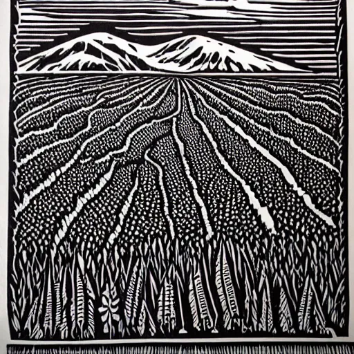 Prompt: intricate, detailed, Linocut Art on paper of fields of wheat and canadian mountains. Epic Latin American Linocut Art.