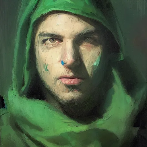 Image similar to portrait of a chad programmer with green hood by jeremy mann, dramatic lighting