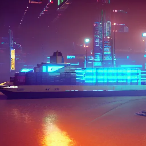 Prompt: an anti-gravity (futuristic container vessel) hovering at port in Night City Cyberpunk 2077, muted cyberpunk style, tranquil, steady, atmospheric, sweltering, autochrome, 8k, reflections, octane render, unreal engine 5