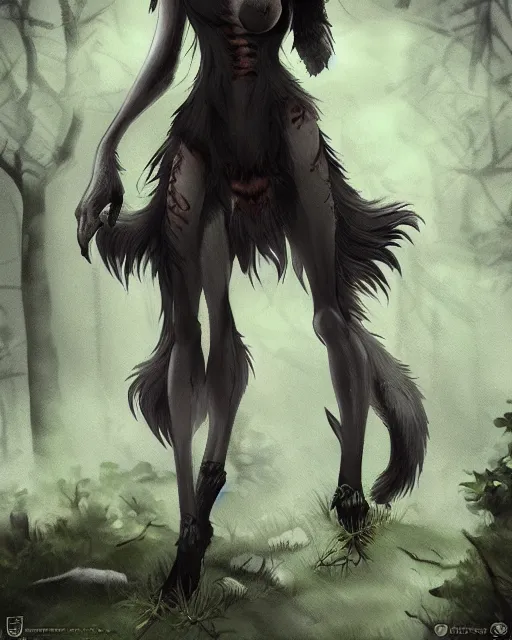 Prompt: werewolf girl in a dark forest, anthropomorphic, fierce, trending on artstation