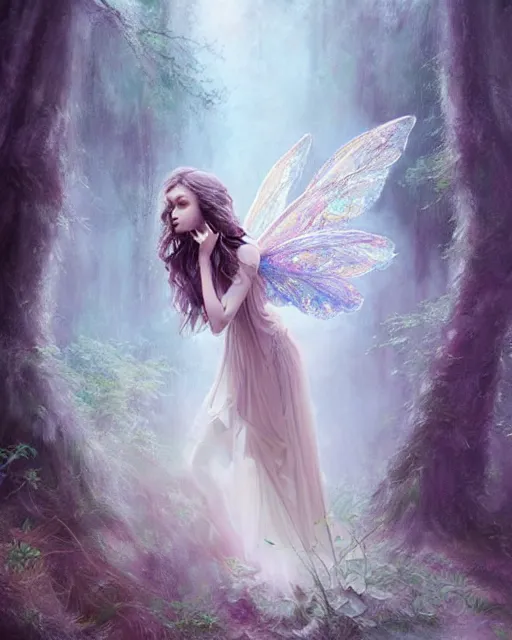 Prompt: a pretty forest fairy in a scenic woods, sweet, graceful wings muted colors, sharp focus, high fantasy art, fairy aesthetics, intricate, elegant, highly detailed, hyperrealistic painting, artstation, concept art, v painterly, dreamy, soft illumination, hasselbrad photography, illustration, art by artgerm and scot howden