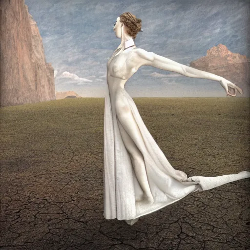 Prompt: a girl with white dress inside the desert by egon schiele and michael angelo, baroque, neo Gothic,matte painting, baroque detailes,photo real,concept art,highly detailed,sharp lines, hdri, 4k -