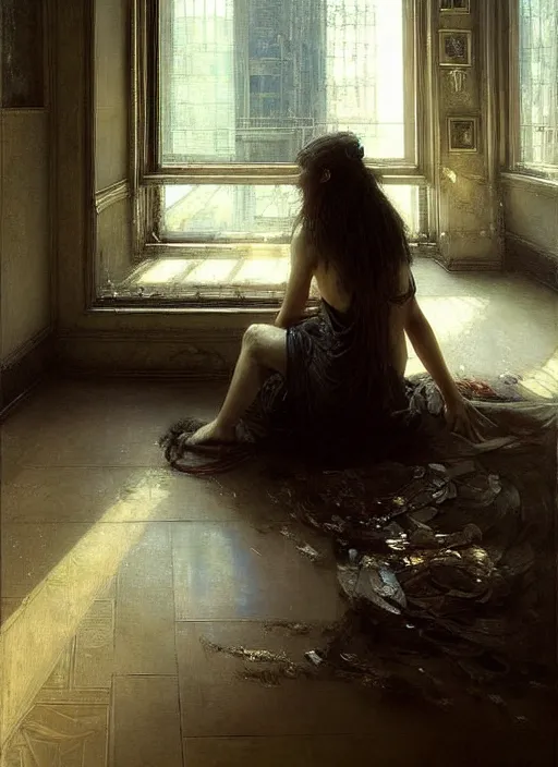 Image similar to a beautiful woman sitting in the floor, inside a modern apartment, intricate oil painting, hyperdetailed, ominous, ethereal, dramatic lighting, by jeremy mann and ruan jia and lawrence alma - tadema