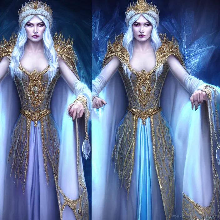 Image similar to beautiful ice queen in ornate robes, highly detailed, 8 k, hdr, award - winning, trending on artstation, anne stokes, photorealistic