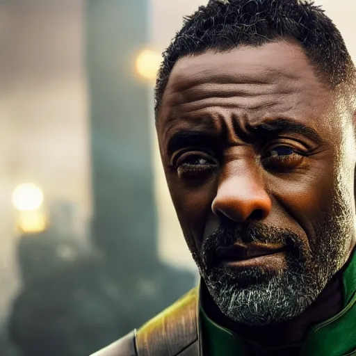 Image similar to film still of Idris Elba as Loki in new Avengers film, photorealistic 8k