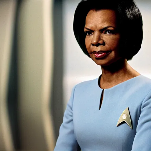 Image similar to Condoleezza Rice as a crew member on Star Trek the original series, XF IQ4, f/1.4, ISO 200, 1/160s, 8K, RAW, unedited, symmetrical balance, in-frame