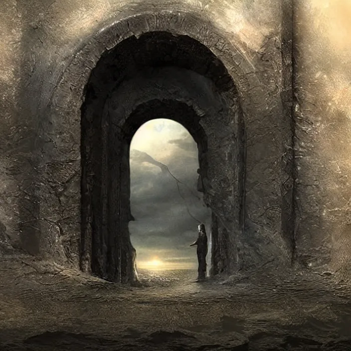 Image similar to gazing through a black archway to the void, black night, intricate high detail matte painting masterpiece