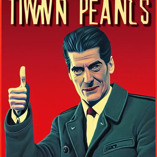 Prompt: Twin Peaks poster artwork by Michael Whelan, Rendering of Dale Cooper giving thumbs up.