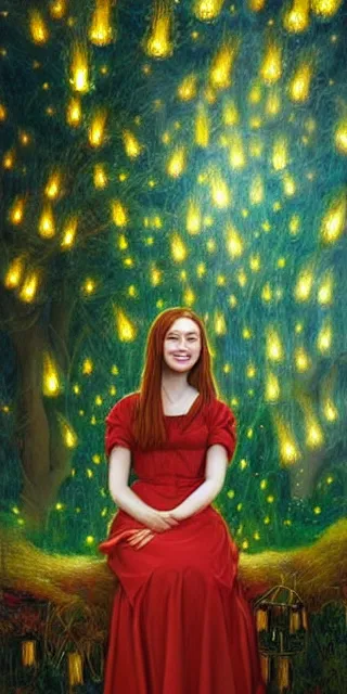 Image similar to a totally enraptured smiling young woman surrounded by golden firefly lights in a mesmerizing scene, sitting amidst nature fully covered, intricate detailed dress, long loose red hair, precise linework, accurate green eyes, small nose with freckles, smooth oval head, expressive emotions, hyper realistic ultrafine portrait by artemisia gentileschi, jessica rossier, artgerm