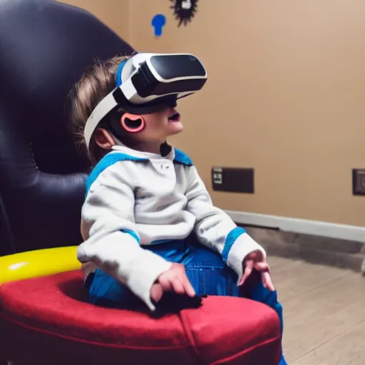 Prompt: A toddler in a straight jacket wearing a vr headset while sitting in a daycare setting, photography