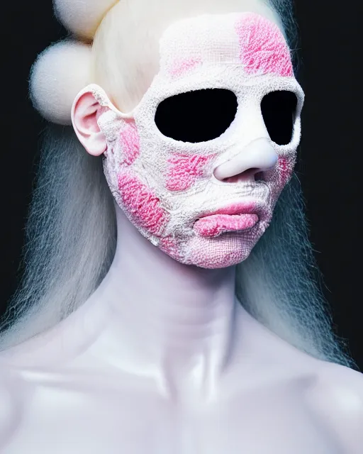 Prompt: portrait of a woman wearing a white embroidered translucent silicone mask and white neon pink frizzy hair buns, wearing a black bodysuit by alexander mcqueen, cream white background, soft diffused light, biotechnology, humanoide robot, bjork aesthetic, translucent, by rineke dijkstra, intricate details, highly detailed, masterpiece,