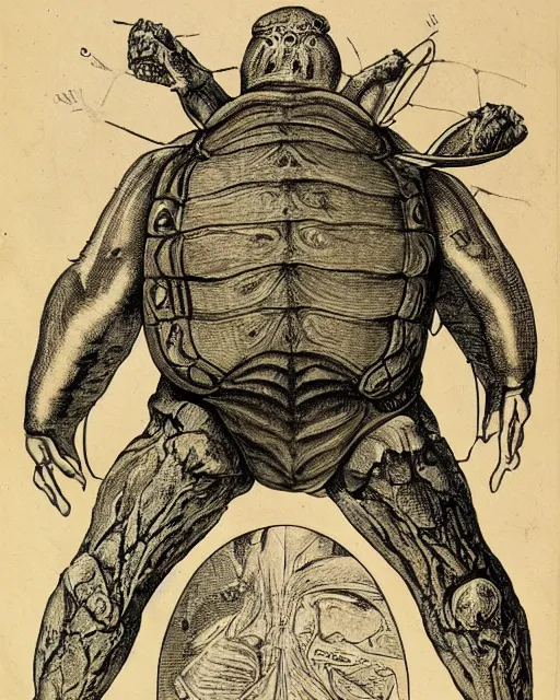 Prompt: A victorian naturalist\'s illustration of a ninja turtle, anatomical notes with labels, pen and ink