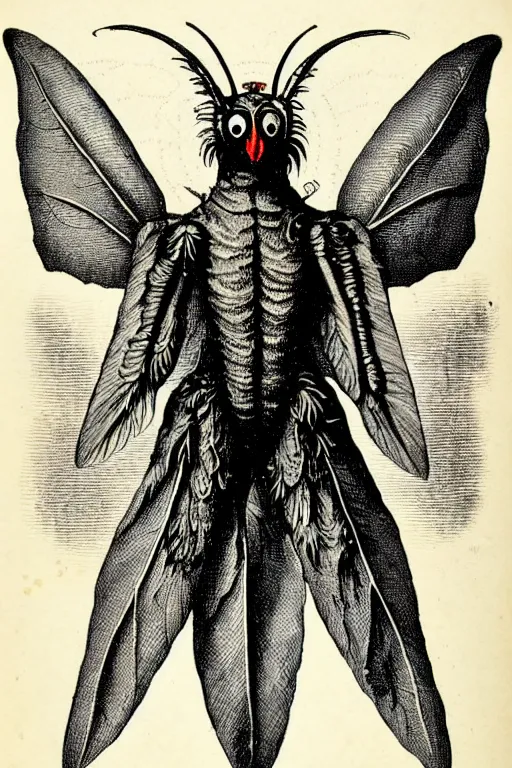 Image similar to a victorian naturalist's illustration of mothman, labels and notes, high detail, ultrasharp detail, intricate inked page border.