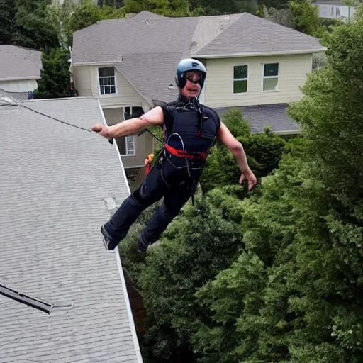 Prompt: base jumping off of roof of suburban house, tv news headline