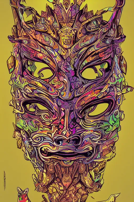 Image similar to animal mask totem roots flower tribal feather gemstone plant wood rock shaman vodoo video game vector cutout illustration vivid multicolor borderlands comics by josan gonzales and dan mumford radiating a glowing aura