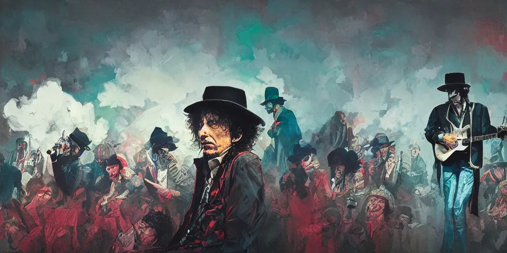 Prompt: rolling thunder revue, bob dylan, colorful, contrast, kim jung gi, greg rutkowski, zabrocki, karlkka, jayison devadas, trending on artstation, 8 k, ultra wide angle, pincushion lens effect