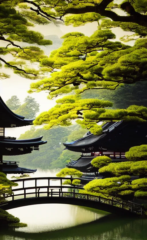 Prompt: japanese inspired poster, beautiful japanese architecture and nature, japanese beautiful aesthetic, photorealistic, lake, light rays theough the trees, 8 k image