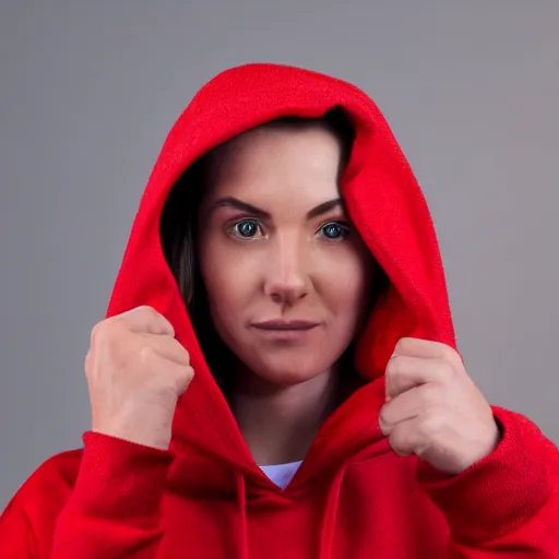 Prompt: woman in red hoodie, studio photo, close up